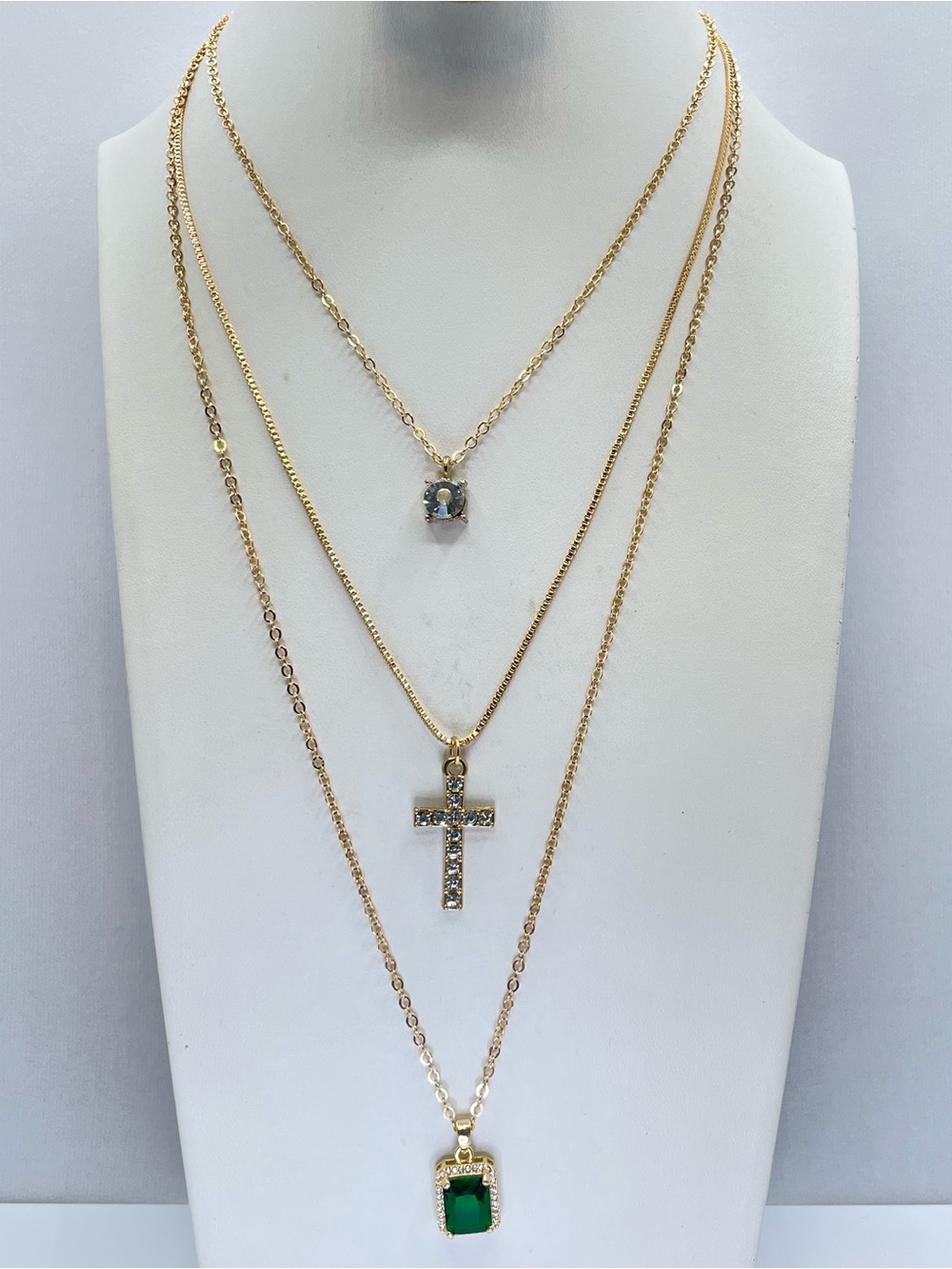 Gold Tone Layered Cross Emerald Green Crystal Necklace Boho Chic
